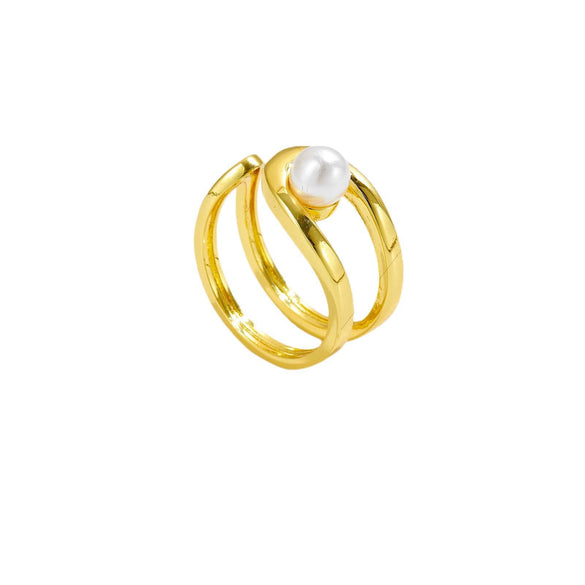 Wholesale Pearl Opening Adjustable Ring Copper Geometric Style Electroplated With Platinum And 18K Gold For Women