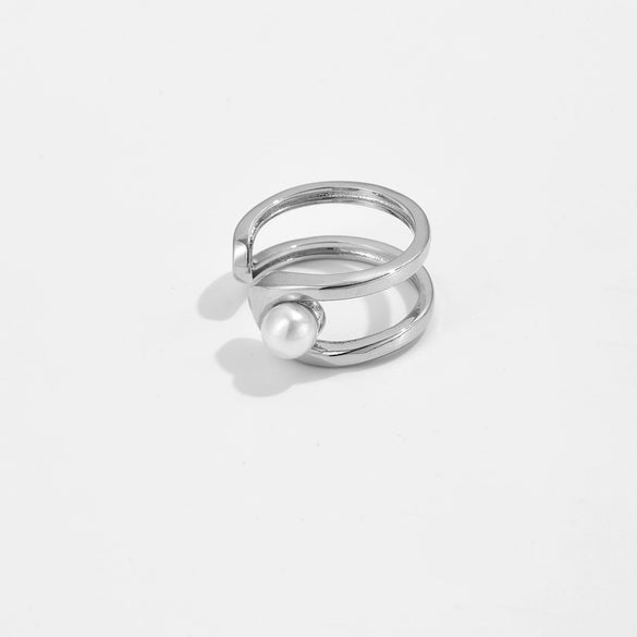 Wholesale Pearl Opening Adjustable Ring Copper Geometric Style Electroplated With Platinum And 18K Gold For Women