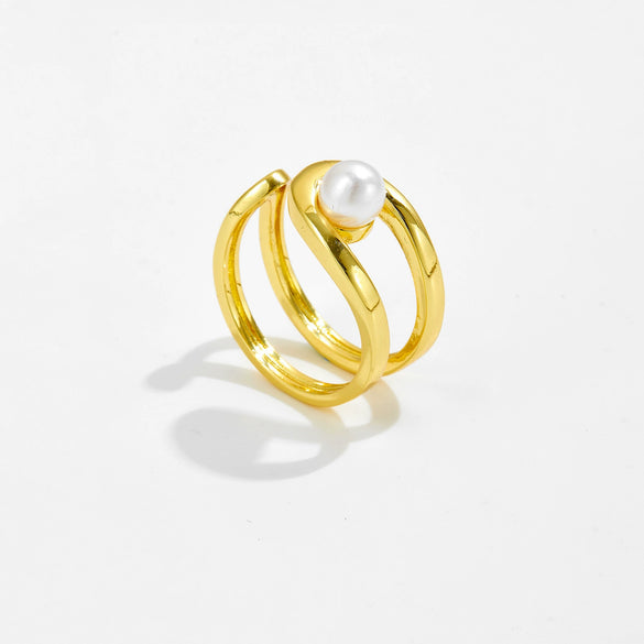 Wholesale Pearl Opening Adjustable Ring Copper Geometric Style Electroplated With Platinum And 18K Gold For Women