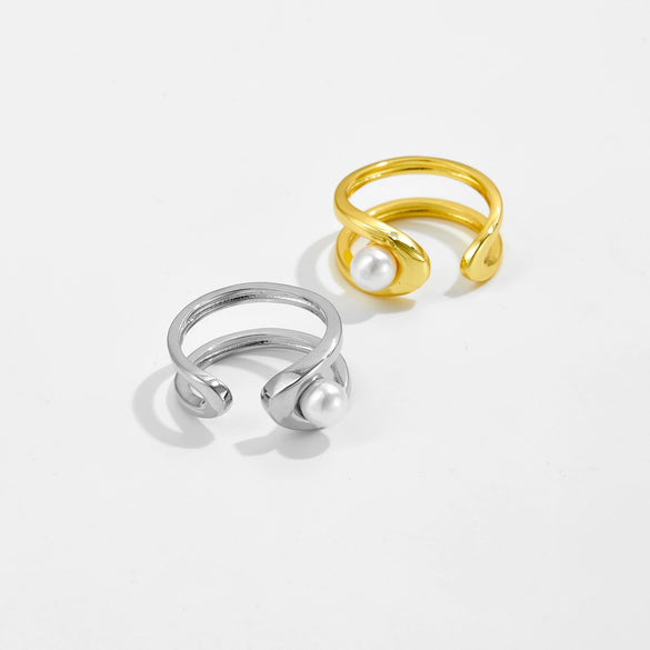 Wholesale Pearl Opening Adjustable Ring Copper Geometric Style Electroplated With Platinum And 18K Gold For Women
