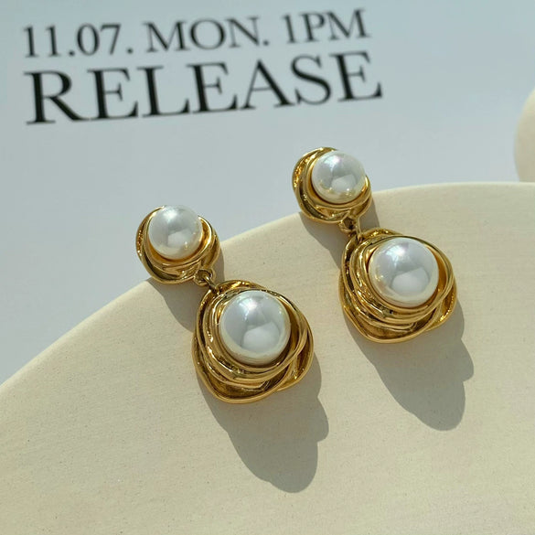 Wholesale Pearl Pendant Earrings For Women Stainless Steel Geometric Retro Elegant Heavy Industry Color Electroplated