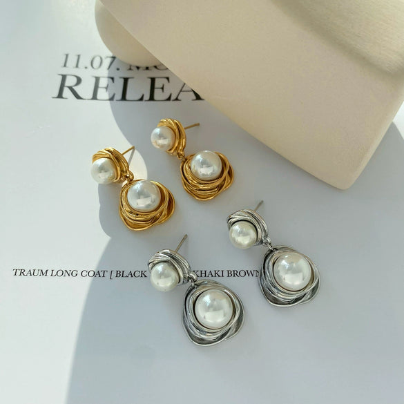 Wholesale Pearl Pendant Earrings For Women Stainless Steel Geometric Retro Elegant Heavy Industry Color Electroplated