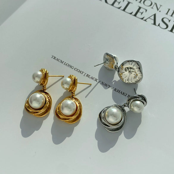 Wholesale Pearl Pendant Earrings For Women Stainless Steel Geometric Retro Elegant Heavy Industry Color Electroplated