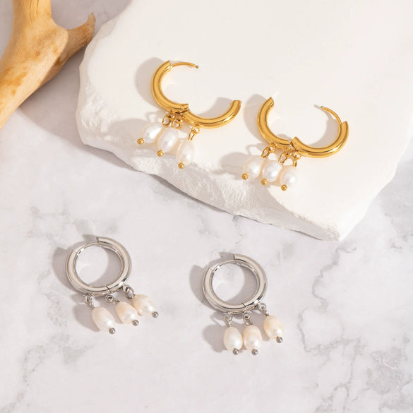 Wholesale Pearl Pendant Earrings In Light Luxury And Minimalist Style Made Of Stainless Steel With Pvd Furnace Vacuum Real Gold Plating