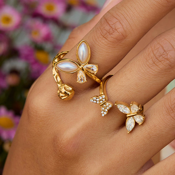 Wholesale Pearl Ring For Women Stainless Steel Geometric Shape Butterfly Design Electroplating Process