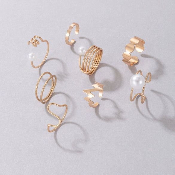 Wholesale Pearl Smooth Ring Set Geometric Irregular Disc Alloy Electroplated Eightpiece Ring