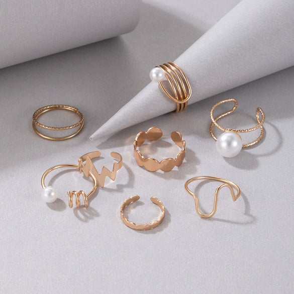 Wholesale Pearl Smooth Ring Set Geometric Irregular Disc Alloy Electroplated Eightpiece Ring