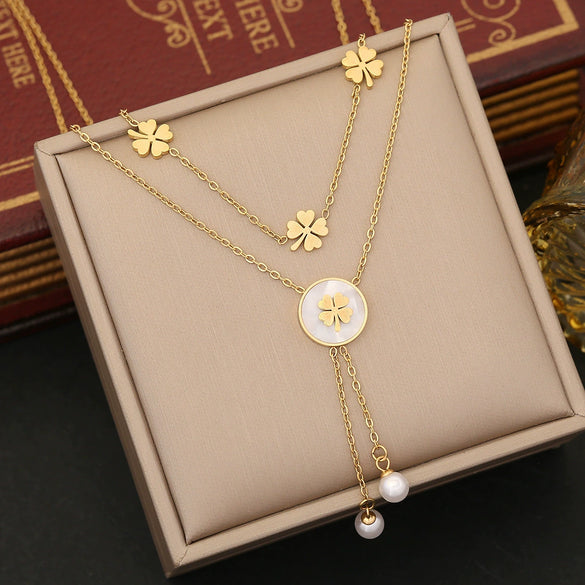 Wholesale Pearl Tassel Love Heart Shape Stainless Steel Double Layer O Chain Clavicle Necklace With Electroplating