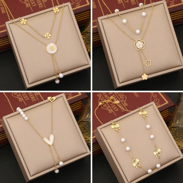 Wholesale Pearl Tassel Love Heart Shape Stainless Steel Double Layer O Chain Clavicle Necklace With Electroplating