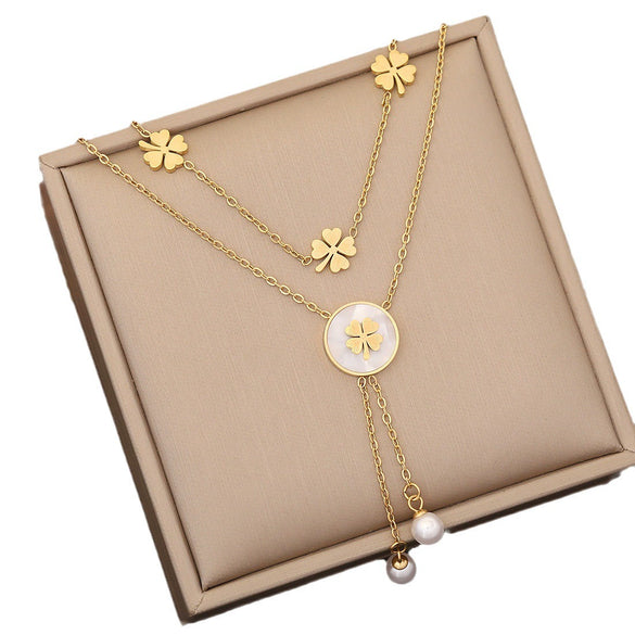 Wholesale Pearl Tassel Love Heart Shape Stainless Steel Double Layer O Chain Clavicle Necklace With Electroplating