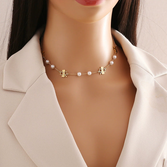 Wholesale Pearl Tassel Love Heart Shape Stainless Steel Double Layer O Chain Clavicle Necklace With Electroplating