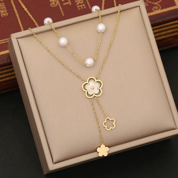 Wholesale Pearl Tassel Love Heart Shape Stainless Steel Double Layer O Chain Clavicle Necklace With Electroplating