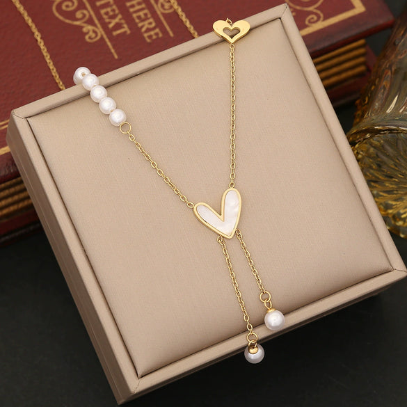 Wholesale Pearl Tassel Love Heart Shape Stainless Steel Double Layer O Chain Clavicle Necklace With Electroplating