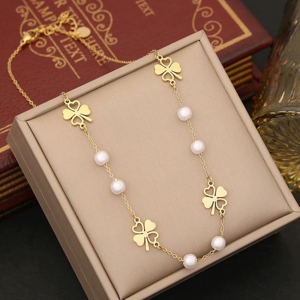 Wholesale Pearl Tassel Love Heart Shape Stainless Steel Double Layer O Chain Clavicle Necklace With Electroplating