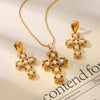 Wholesale Pearl Zircon Inlay Cross Earrings And 18K Gold Pvd Vacuum Plated Stainless Steel Necklace For Women