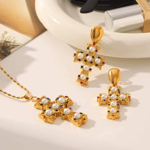Wholesale Pearl Zircon Inlay Cross Earrings And 18K Gold Pvd Vacuum Plated Stainless Steel Necklace For Women