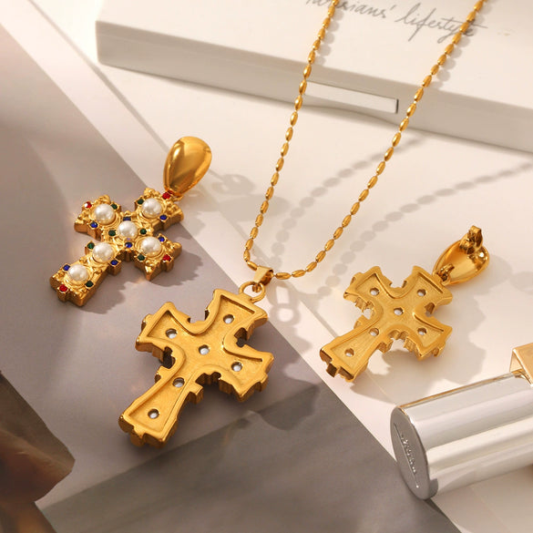Wholesale Pearl Zircon Inlay Cross Earrings And 18K Gold Pvd Vacuum Plated Stainless Steel Necklace For Women