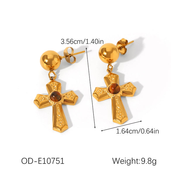 Wholesale Pearl Zircon Inlay Cross Earrings And 18K Gold Pvd Vacuum Plated Stainless Steel Necklace For Women