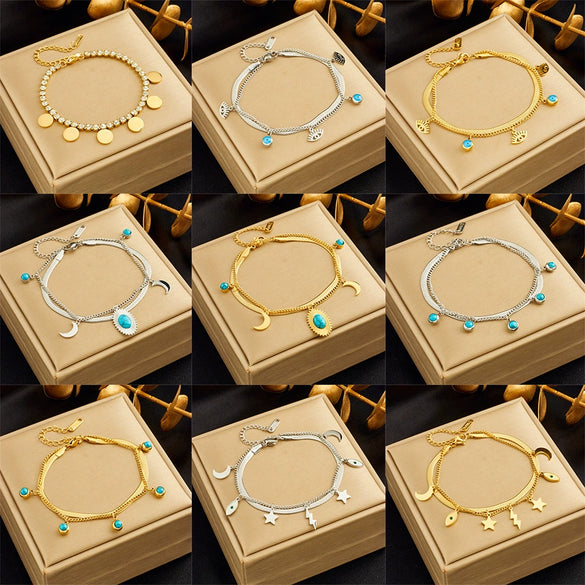 Wholesale Pendant Bracelet Titanium Steel Retro Fashion Doublelayered Diamondencrusted Round Blueeyed Star Lightning Design Electroplated