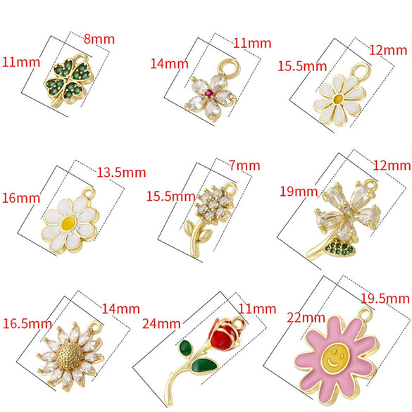 Wholesale Pendant Copper Sweet Flower Style Dripping Oil Process With Sunflower Four Leaf Clover Rose Smiley Daisy Patterns