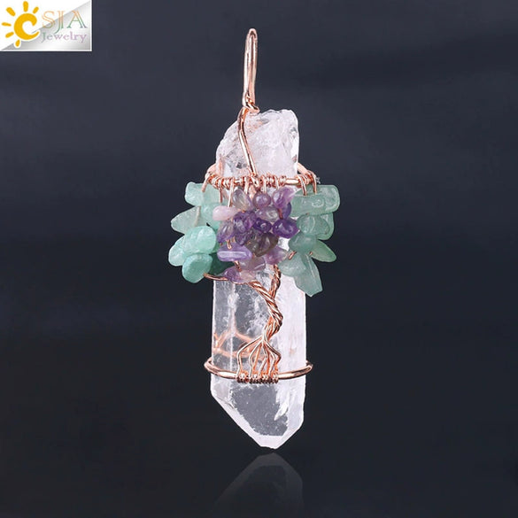 Wholesale Pendant Jewelry Natural Stone Copper Accessories Irregular Crystal Column Wound Life Tree Minimalist Style