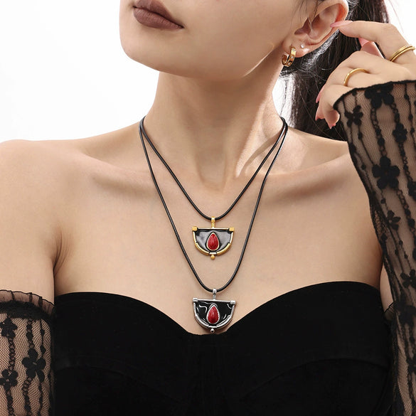 Wholesale Pendant Long Dress Chain Stainless Steel Leather Rope Geometric Pvd Electroplated