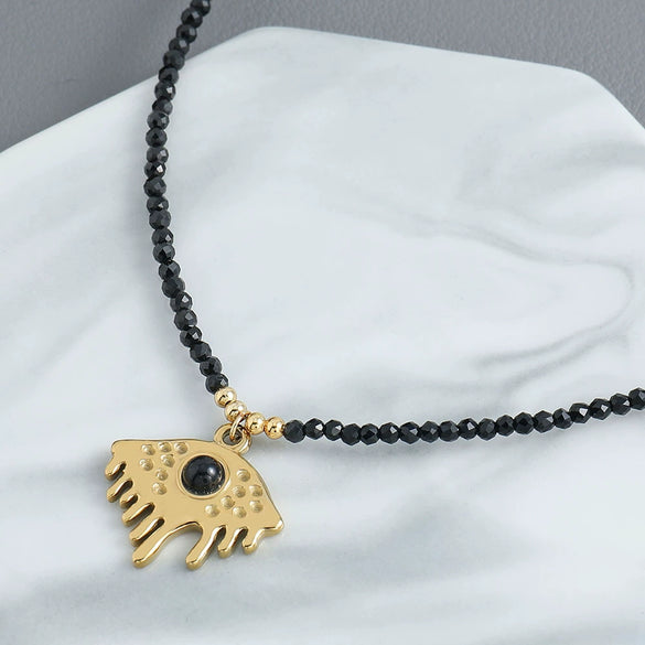 Wholesale Pendant Necklace Black Pointed Crystal Stainless Steel Geometric Retro Handmade For Women