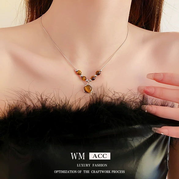 Wholesale Pendant Necklace Copper Alloy Geometric Brown Tiger Eye Stone Electroplating Clavicle Chain For Women Retro High Sense