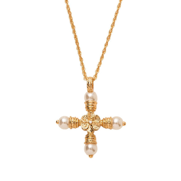 Wholesale Pendant Necklace Copper Geometric Pearl Cross Light Luxury Style Vacuum Plating 18K Gold Color
