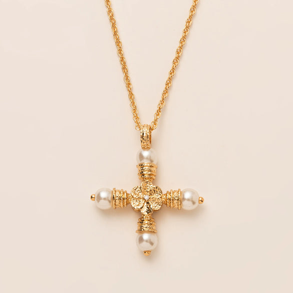 Wholesale Pendant Necklace Copper Geometric Pearl Cross Light Luxury Style Vacuum Plating 18K Gold Color