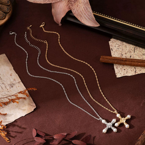 Wholesale Pendant Necklace Copper Geometric Pearl Cross Light Luxury Style Vacuum Plating 18K Gold Color