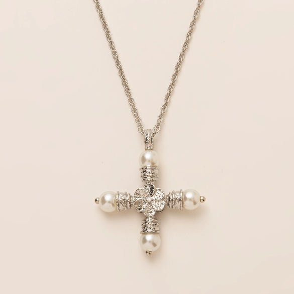 Wholesale Pendant Necklace Copper Geometric Pearl Cross Light Luxury Style Vacuum Plating 18K Gold Color
