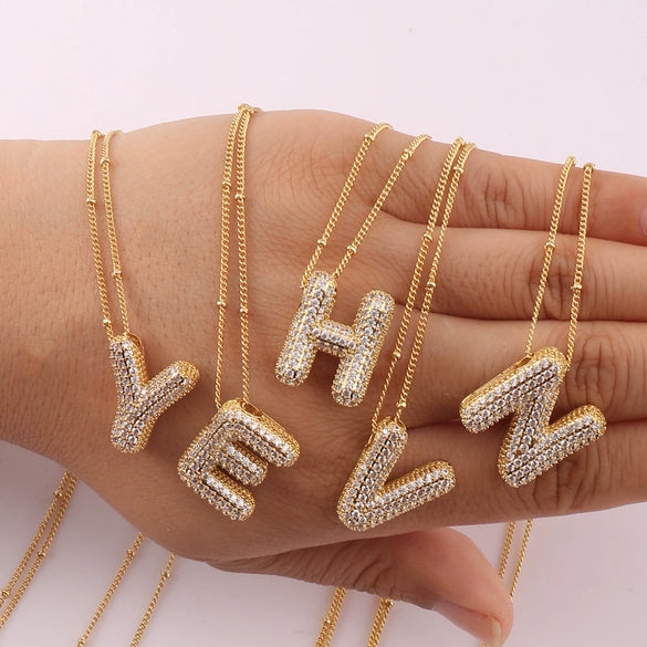 Wholesale Pendant Necklace Copper Gold Plated Zircon Chubby Balloon Bubble Letter Shape Fashion Simple