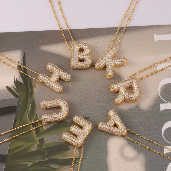 Wholesale Pendant Necklace Copper Gold Plated Zircon Chubby Balloon Bubble Letter Shape Fashion Simple