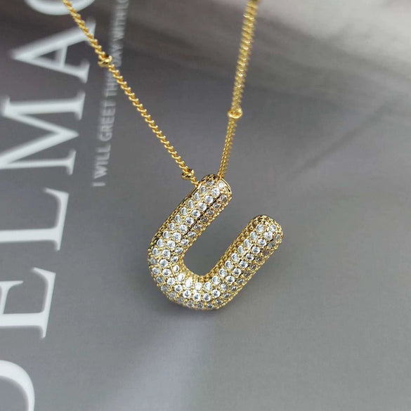 Wholesale Pendant Necklace Copper Gold Plated Zircon Chubby Balloon Bubble Letter Shape Fashion Simple