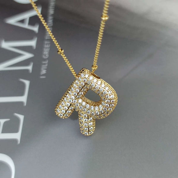 Wholesale Pendant Necklace Copper Gold Plated Zircon Chubby Balloon Bubble Letter Shape Fashion Simple