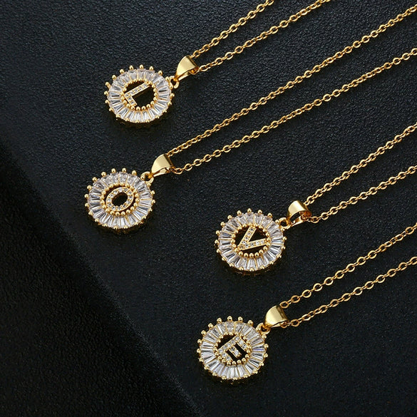 Wholesale Pendant Necklace Copper Inlaid Zircon Small Round With Letters Numbers Text Electroplated