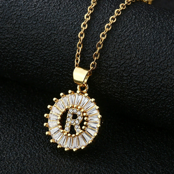 Wholesale Pendant Necklace Copper Inlaid Zircon Small Round With Letters Numbers Text Electroplated