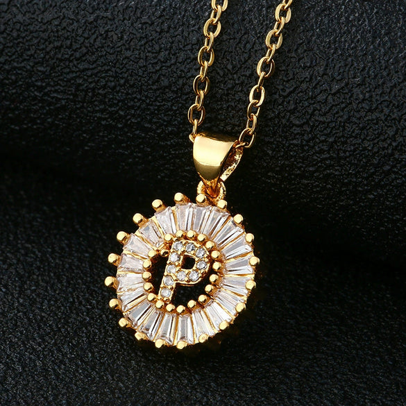 Wholesale Pendant Necklace Copper Inlaid Zircon Small Round With Letters Numbers Text Electroplated