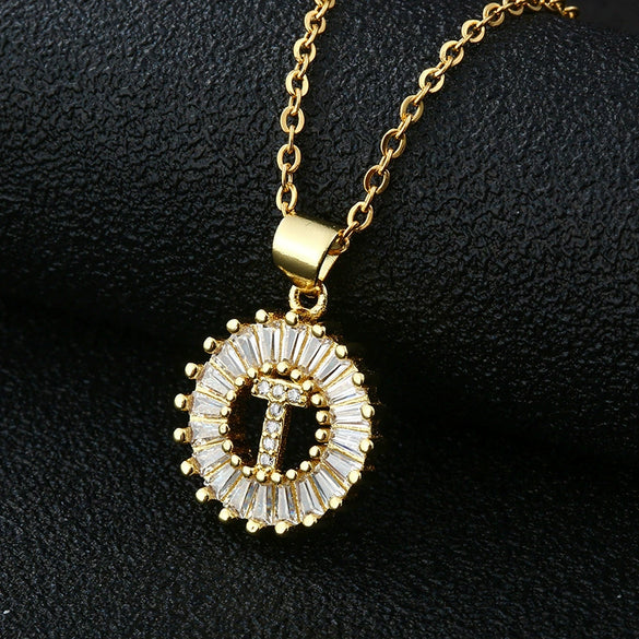 Wholesale Pendant Necklace Copper Inlaid Zircon Small Round With Letters Numbers Text Electroplated