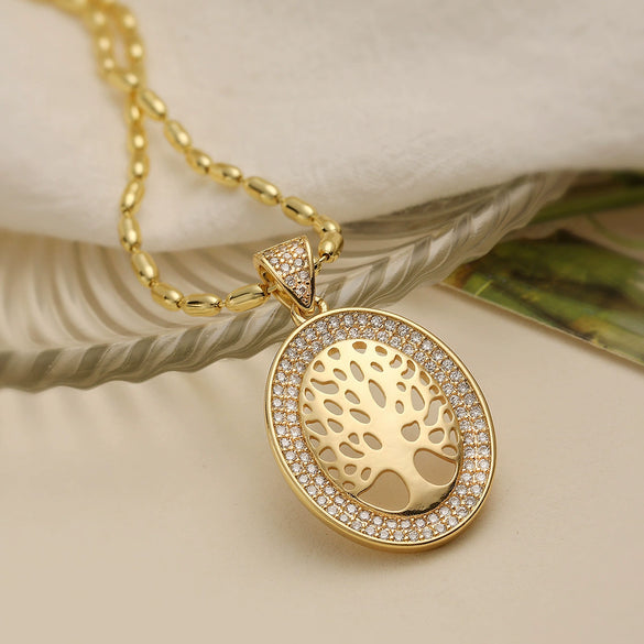 Wholesale Pendant Necklace Copper 18K Gold Plated Geometric Life Tree Design