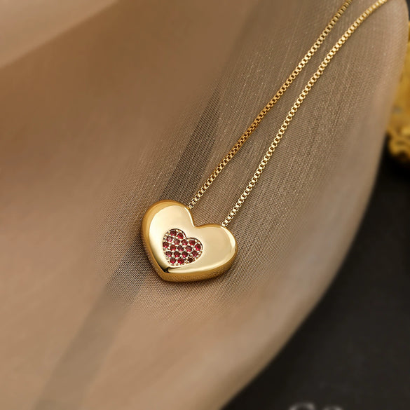 Wholesale Pendant Necklace Copper Plated 18K Gold Zircon Heart Geometric Simple Style For Women