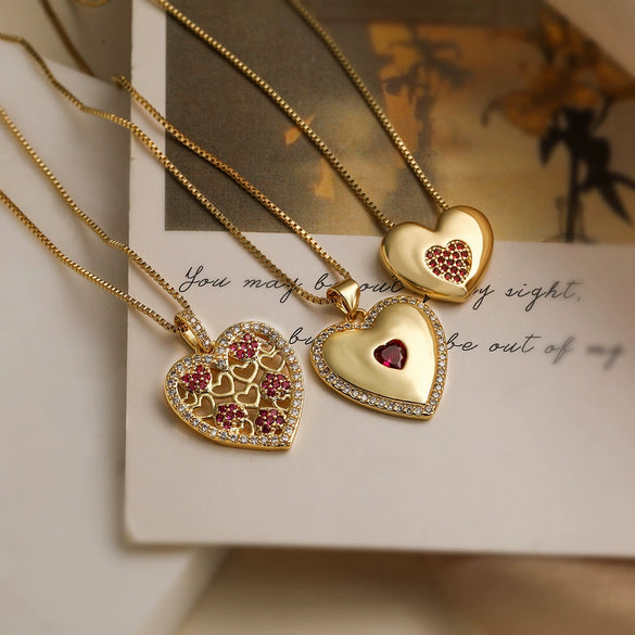 Wholesale Pendant Necklace Copper Plated 18K Gold Zircon Heart Geometric Simple Style For Women