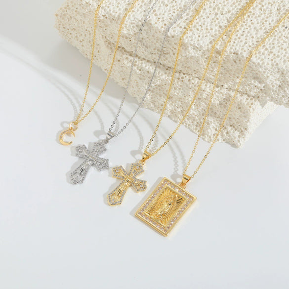 Wholesale Pendant Necklace Copper Retro Cross Square Shape Zircon Mixed Gemstone Setting Electroplating For Women