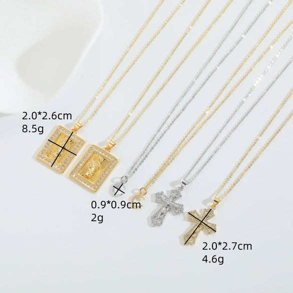 Wholesale Pendant Necklace Copper Retro Cross Square Shape Zircon Mixed Gemstone Setting Electroplating For Women