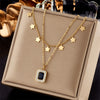 Wholesale Pendant Necklace Fashion Simple Double Layer Stacked Love Themed Titanium Steel With Diamond Embedded Square And Round Pearl Electroplated For Women