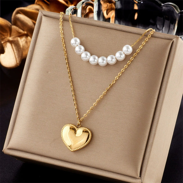 Wholesale Pendant Necklace Fashion Simple Double Layer Stacked Love Themed Titanium Steel With Diamond Embedded Square And Round Pearl Electroplated For Women
