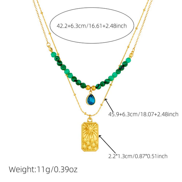 Wholesale Pendant Necklace Malachite Beaded Stainless Steel Geometric Square Double Layer Stacked Electroplated For Women