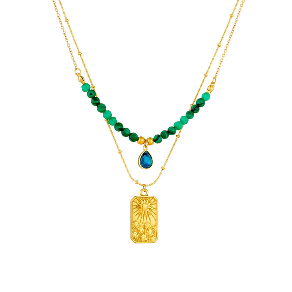 Wholesale Pendant Necklace Malachite Beaded Stainless Steel Geometric Square Double Layer Stacked Electroplated For Women
