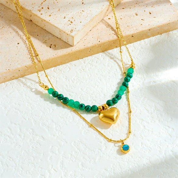 Wholesale Pendant Necklace Malachite Beaded Stainless Steel Geometric Square Double Layer Stacked Electroplated For Women